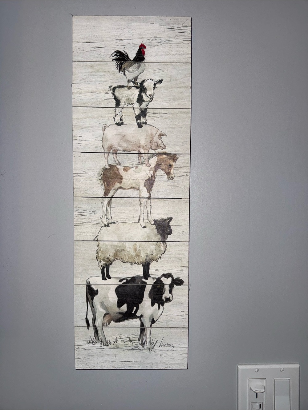 Rustic Farm Animal Stack Wooden Wall Art - White & Black 24”x8”